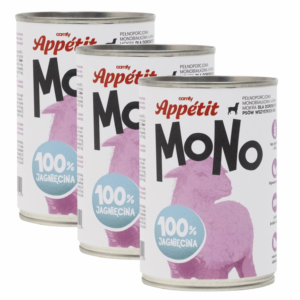 Comfy Appetit Mono Jagnięcina Monoproteinowa Karma Mokra Dla Psa Zestaw 3 sztuk 400g
